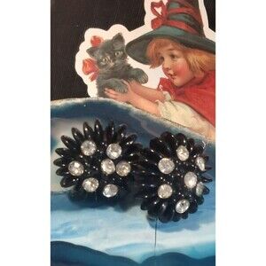 Japan glass earrings black with married black faux pearl rhinestone necklace